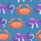 Vibrant cartoon seamless pattern with cute crabs and octopus. Vector illustration