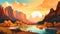 Vibrant Cartoonish Sunset In Mountains With River - Lofi Design