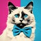Vibrant Celebrity-style Illustration: Blue And Pink Square On A Black And White Cat