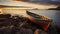 Vibrant Celtic Art: Small Boat On Rocky Shoreline