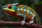A vibrant chameleon perches on a forest branch. Generative Ai