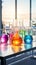 Vibrant Chemistry: Abstract Image of Colorful Glass Beakers and Reactions in a Modern Laboratory