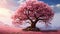 A vibrant cherry blossom tree in full bloom with pink petals