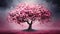 A vibrant cherry blossom tree in full bloom with pink petals