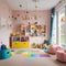 A vibrant children\\\'s playroom filled with colorful toys, whimsical wall decals, and a soft play mat