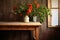 a vibrant chili pepper plant on a rustic wooden kitchen table