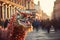 Vibrant chinese new year dragon puppet winding through a crowded street in a festive parade