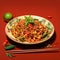 Vibrant Chinese Stir Fry Beef Noodles On Red Background