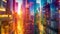 Vibrant city lights captured in the reflective surfaces of tall glass buildings giving a glimpse of the bustling urban