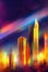 Vibrant cityscape. A breathtaking oil painting of the urban skyline. Urban spectrum. High-rise skyscrapers in