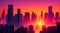 A vibrant cityscape with buildings in silhouette against a colorful urban sunset.