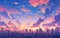 Vibrant Cityscape At Dawn Or Dusk With Dramatic Sky, Painted In Animestyle