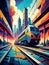 Vibrant Cityscape with Modern Train and Dynamic Skyline