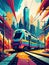 Vibrant Cityscape with Modern Train at Sunset Illustration