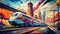 Vibrant Cityscape with Modern Train at Sunset Illustration