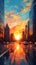 Vibrant Cityscape Painting: Cars At Sunset With Sunrays