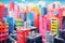 Vibrant cityscape painting of colorful urban buildings