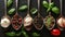 Vibrant close up of assorted herbs and spices in spoons for culinary inspiration