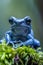 Vibrant close up of dendrobates tinctorius azureus dart frog sitting on lush green moss