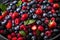 A vibrant, close-up image of a refreshing mixed berry salad, highlighting the natural colors and textures of blueberries,