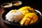 Vibrant Close-Up of Mango Sticky Rice Dessert in Ambient Light