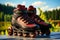Vibrant close up of rollerblades inline skates gliding on a sunlit road on a beautiful summer day