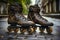 Vibrant close up of rollerblades inline skates gliding on a sunlit road on a beautiful summer day