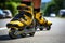 Vibrant close up of rollerblades inline skates on a sunlit road during a beautiful summer day
