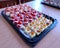 Vibrant close up view of catering food on wooden table