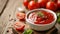 Vibrant Closeup: Delicious Ketchup and Juicy Tomato in a Wooden Table Setting -