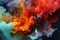 A vibrant cloud of multicolored smoke dispersing against a stark black background, A volcanic eruption through the lens of