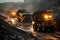 Vibrant coal mine scene: Heavy trucks, excavators dominate in bustling mining industry.