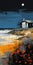 Vibrant Coastal Landscape Painting: House, Beach, And Field