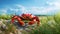 Vibrant Coastal Landscape: Red Crab Grazing In A Lively Field