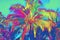 Vibrant coco palm leaf on neon sky background. Tropical nature digital illustration. Exotic island landscape.