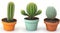 Vibrant Collection of Cacti Plants in Pots Isolated on White Background.
