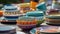 A vibrant collection of earthenware pottery in a flea market generated by AI