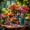 Vibrant Collection of Gardening Tools with Colorful Flowers and Plants