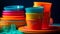 A vibrant collection of multi colored crockery in a close up generated by AI