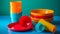 A vibrant collection of multi colored crockery in a stack generated by AI