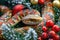 Vibrant Color Snake Coiled Among Festive Red Berries