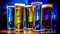 Vibrant colored beer glasses in a row, reflecting brewery backgrounds generated by AI