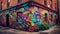 Vibrant colored graffiti mural illuminates modern cityscape at night generated by AI