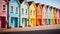 Vibrant colored huts in a row, showcasing coastal architecture generated by AI