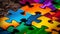 Vibrant colored jigsaw pieces interlocked in successful puzzle solution generated by AI