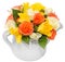 Vibrant colored rose flowers (red, orange, yellow and white roses) in a white water can, isolated, white background