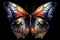 A vibrant and colorful butterfly depicted in a striking contrast against a dark background, highlighting its intricate