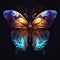 A vibrant and colorful butterfly depicted in a striking contrast against a dark background, highlighting its intricate