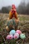 Vibrant and Colorful Painted Easter Eggs with Proud Hen in Natural Outdoor Setting