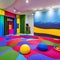 A vibrant and colorful playroom with interactive wall panels, a slide, and a ball pit1, Generative AI